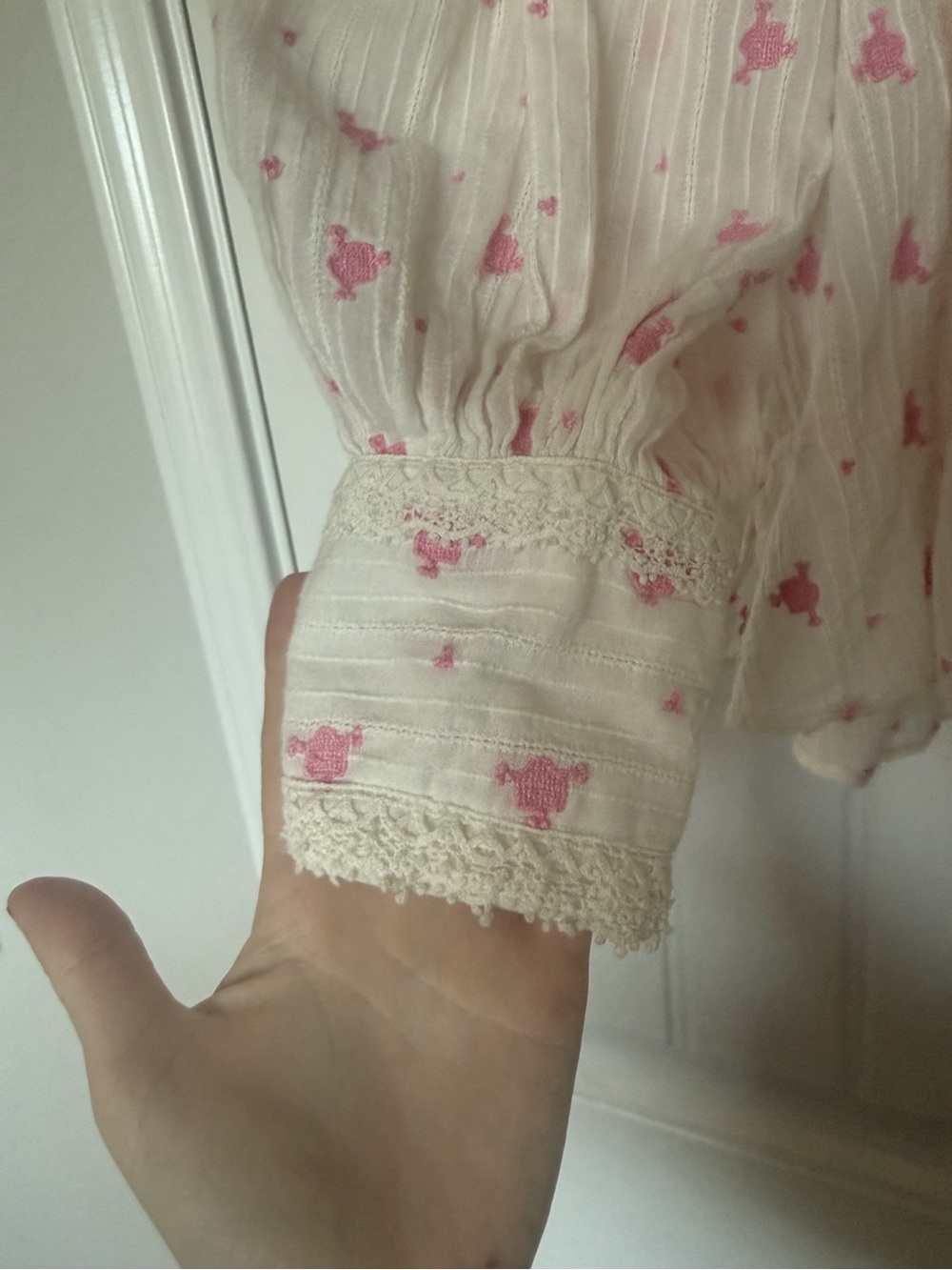 Loveshackfancy Blouse Size Small Cotton Boho White Pink Long Sleeve - Picture 4 of 6